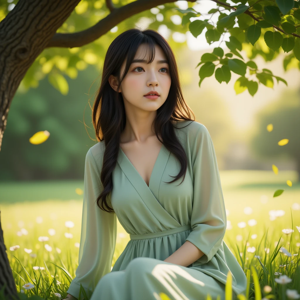 A realistic and serene portrait of a young East-Asian woman sitting on the soft green grass beneath a large, shady tree in a peaceful meadow. She has long, slightly messy black hair with bangs, her expression calm yet slightly introspective, as if lost in thought. She wears a light, flowy long-sleeve dress in soft pastel green, cinched at the waist with a simple dark belt, which gives an elegant but natural appearance. The warm sunlight filters through the leaves of the tree, creating a dreamy and dappled light effect on her face and clothes. A few leaves gently fall around her, adding a sense of quiet motion to the scene. The surroundings are filled with tiny flowers and tall grass swaying softly, enhancing the natural, tranquil atmosphere. The background is softly blurred, focusing on the woman's peaceful figure and the warm glow of the light around her.