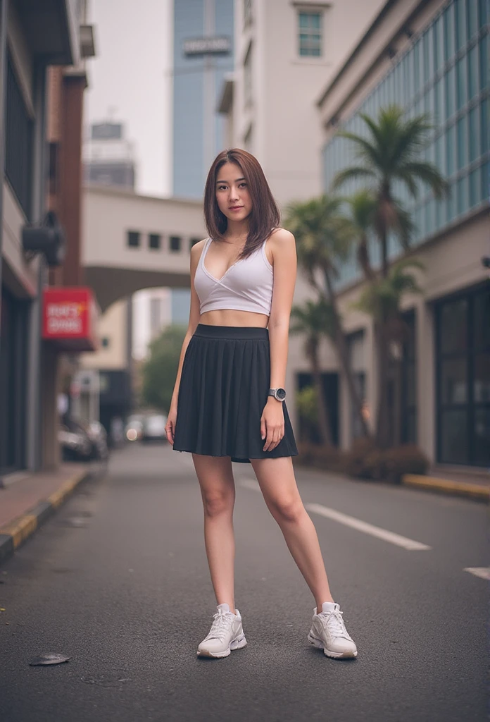 Soft, Take a photo, film,Thai women,Age 20 years, sport bra and pleated skirt,in city , sneakers, standing ,Hourglass figure