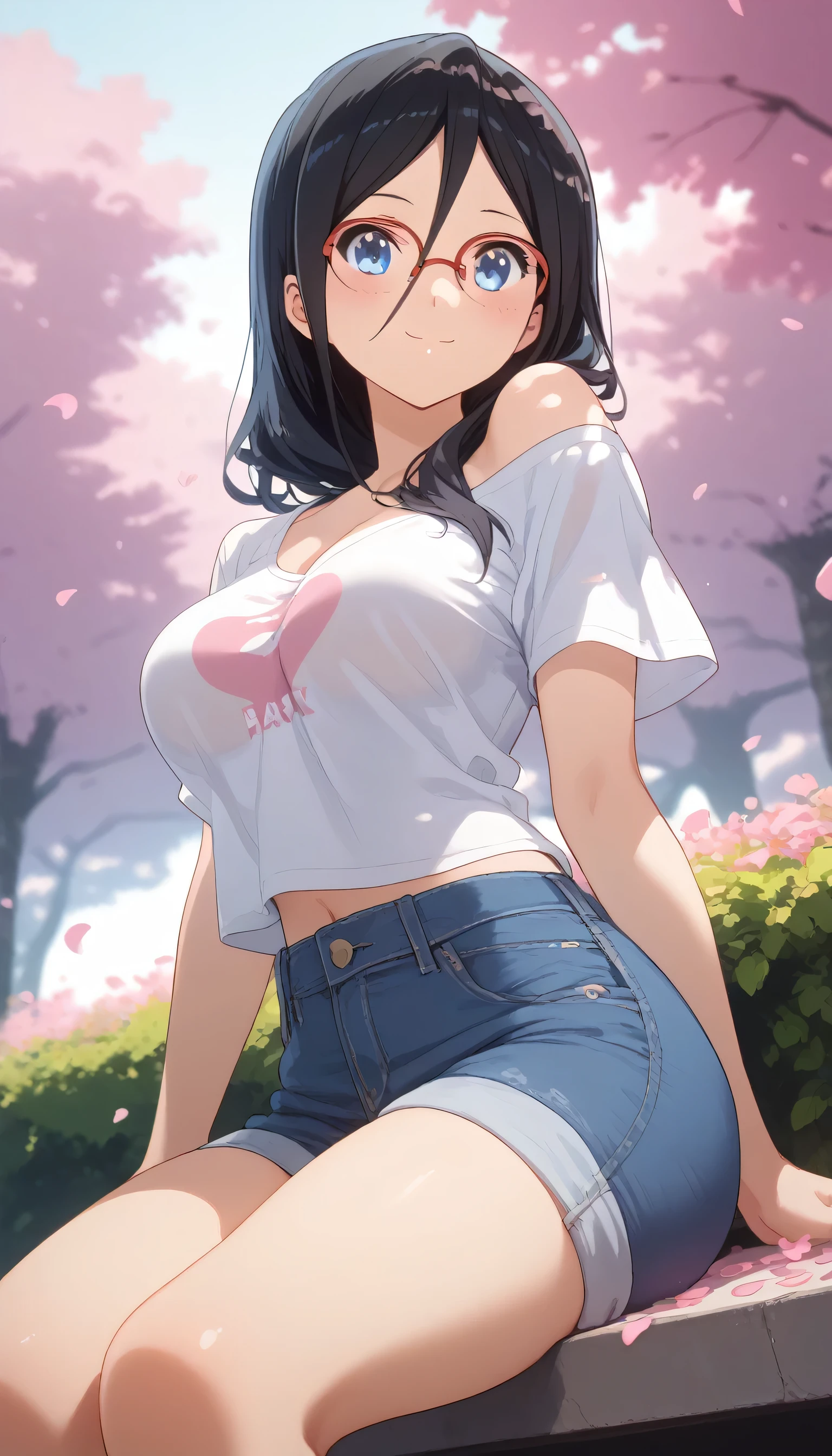 Front view, (from below:0.8), score_9_up,score_8_up, Asuka Tanaka, 1girl, solo, blue eyes, black hair, glasses, ((blush)), closed mouth, smile, big breast, big thighs, wearing a cropped off-shoulder, transparent t-shirt, show cleavage, denim short, ((sitting)), dynamic pose, (sakura petals), ((entertainment park))