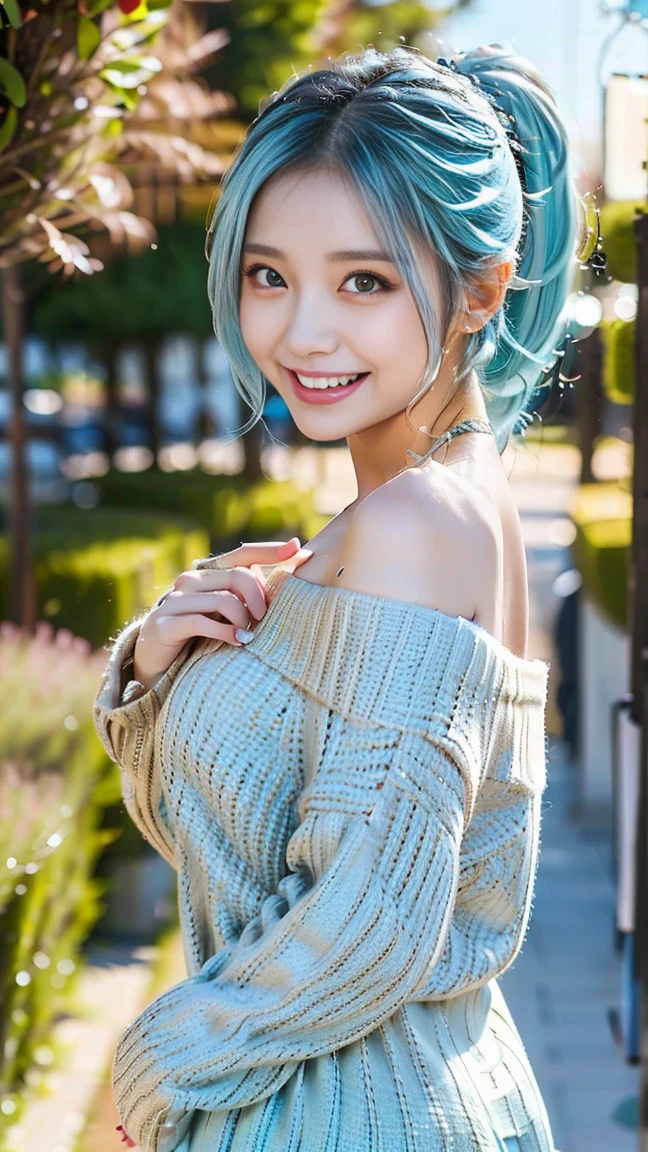 Sexy and cute looks and cute girls, ((Light blue hair)), Long Hair, ( ponytail), Beautiful Skin, ( off shoulder sweater:beige), black pleated skirt , Big ample breasts:1.3, Thumb and index finger、Middle finger、ring finger、little finger、Seaside Background, smile, garden, winter, Dead leaves,