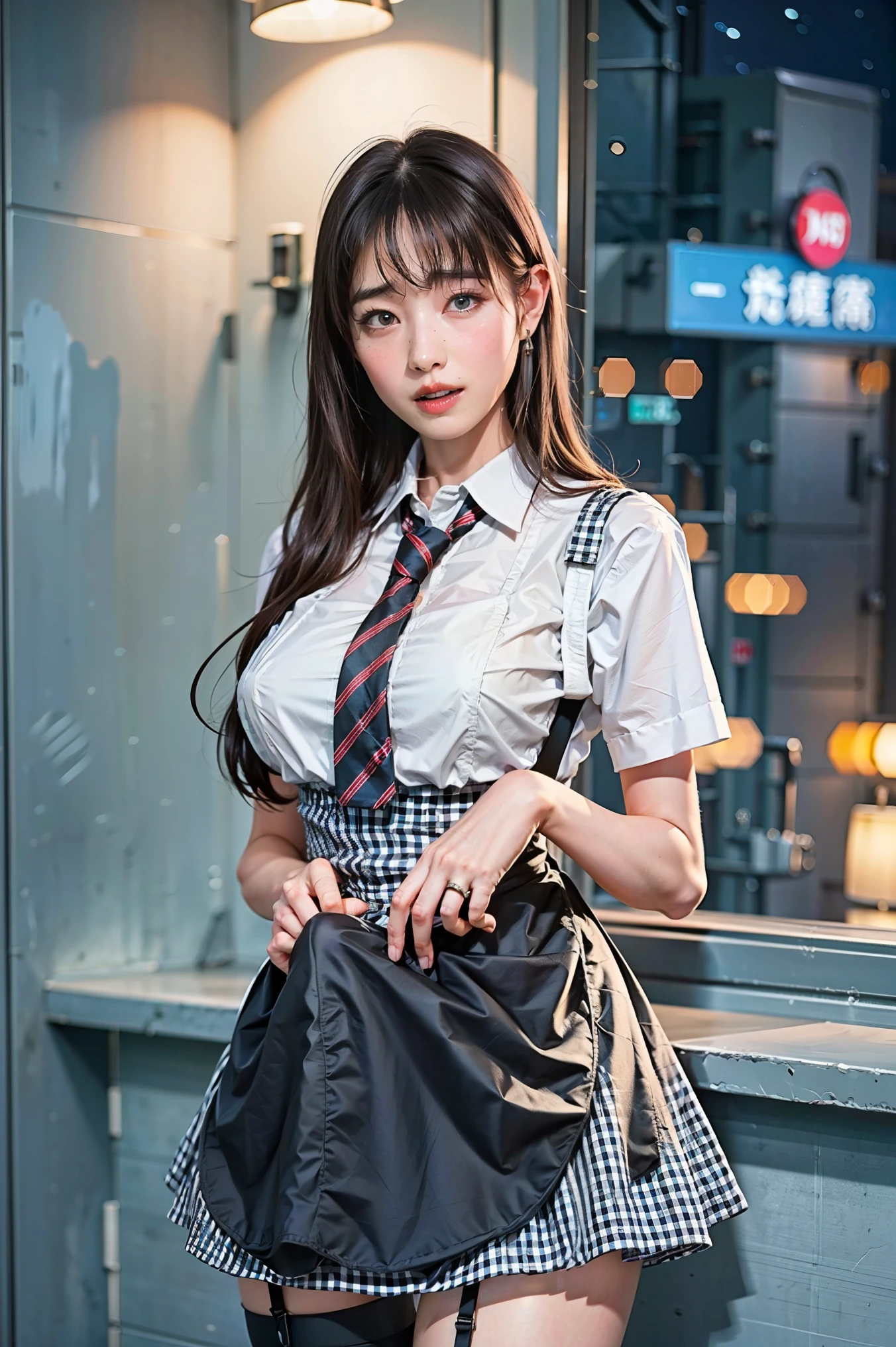 masterpiece, Best Quality, super high definition , (Realistic:1.6), One Girl, (Round face:1.3),(Gingham Check Suspender Apron:1.3), (Plain Blue High Waist Skirt:1.3), (Apron skirt:1.2), ( white blouse:1.3), ( double breasted, Underbust :1.2), Short sleeve, button gap , ( plain blue night tie :1.2), , Beautiful body, Normal chest, Beautiful Thighs, beautiful legs with tails, Camel Toe, (Smooth Skin:1.1), dynamic poses, Cafe, restaurant, (Erection under clothes)