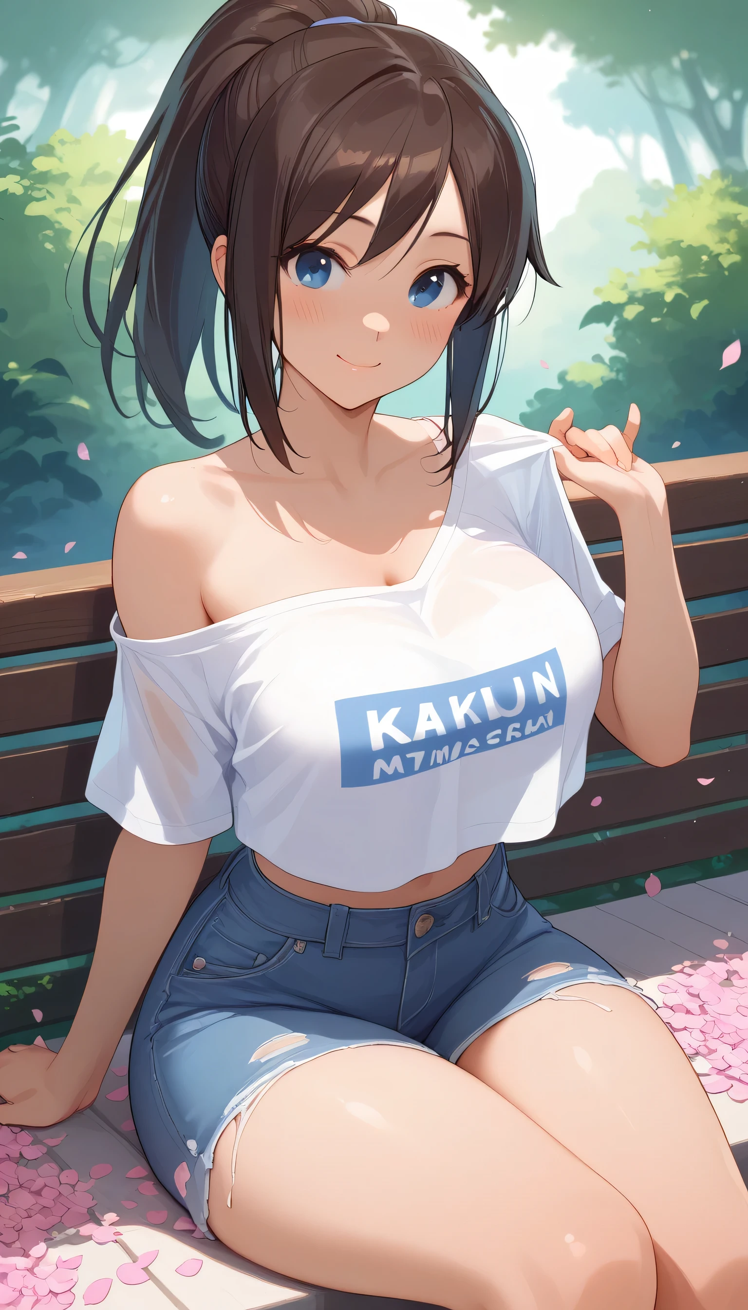 Front view, (from below:0.8), score_9_up,score_8_up, Kasaki Nozomi, 1girl, solo, blue eyes, dark brown ponytail hair, ((blush)), closed mouth, smile, big breast, big thighs, wearing a cropped off-shoulder, transparent t-shirt, show cleavage, denim short, ((sitting)), dynamic pose, (sakura petals), ((entertainment park))