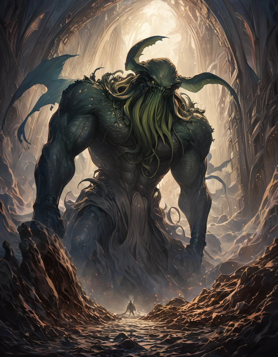 (masterpiece),(absurdres),(ultra detailed),(8k),(beautiful detailed),anime illustration,Cthulhu:1.3,The human body、in the darkness, Nyarlathotep:1.2,Crawling Chaos :1.1,MTG card illustration,