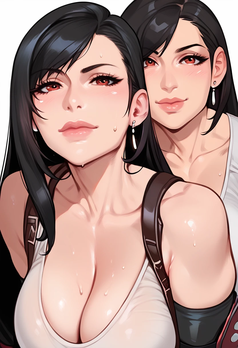   Hyperrealistic、  woman, (Tifa lockhart), ( Japanese Women),  Black Hair , Mother, Mature Woman,  mature women ,  perfect face, perfect lighting, Sexy lips,  sexy woman, Closed Mouth, Beautiful Mark, Glamour、Cleavage, Big Breasts,  Big Breasts , sweat, Saggy breasts, Leaning forward, ( Naughty expression), close view 