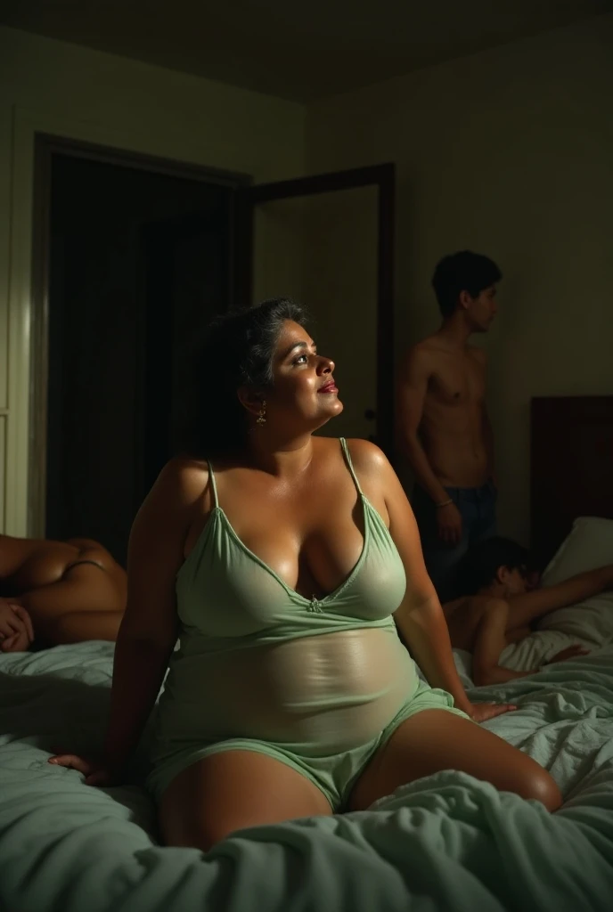 Woman, curvy hourglass body, wearing saffron saree, on bed, with old men's together sleeping