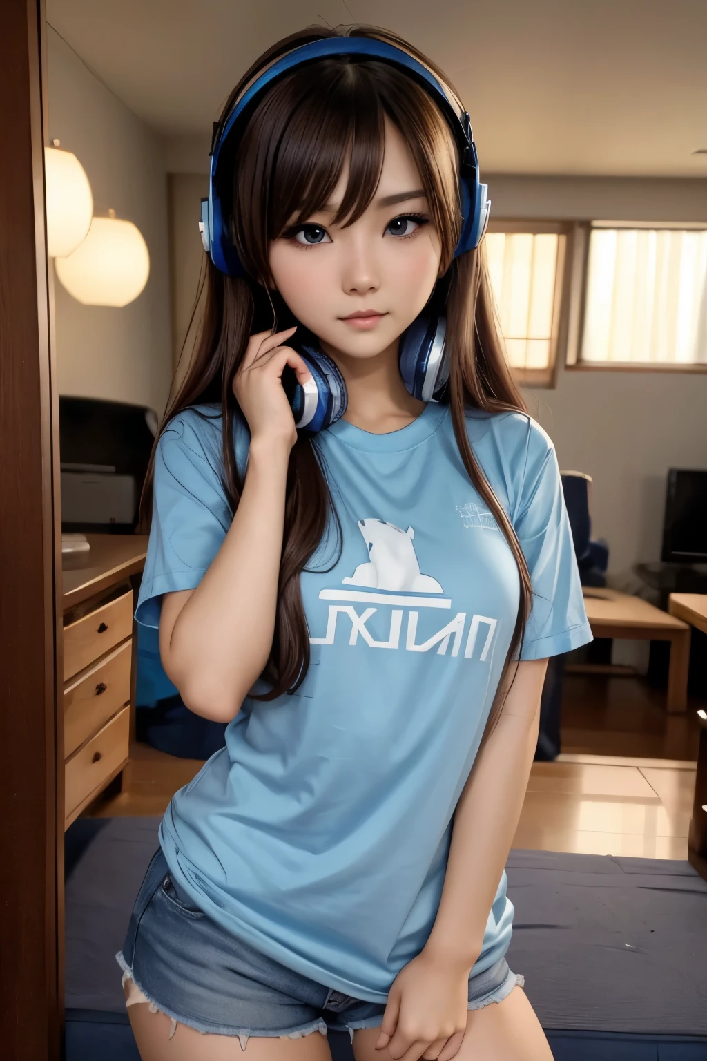 a close up of a woman wearing headphones and a blue shirt, seductive anime girl, Japanese goddess, Japanese model, sexy girl, beautiful Asian girl, Russian and Japanese mix, perfect body, attractive anime girl, perfect android girl, pose sexy, blue tight t-shirt, Asian girl, pretty face with arms and legs, beautiful upper body, beautiful body, beautiful cute kitten
