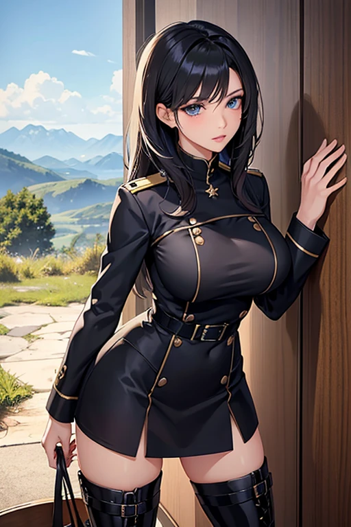 最High image quality, masterpiece, 4K, High image quality,  super high definition, Highest level of detail, CG drawing（ one cool adult seductive military woman、）Hair、Black Hair、It has a glossy finish.。 Hairstyle、 straight、Bob。 Hair、 divided by 7 to 3（（ sexy、She&#39;s a female soldier.。 Bewitching sexiness、It&#39;s overflowing。）Tall、Slender、Sweating、It&#39;s bleeding。 （ toned body 、Waist）
。 （ slender hanging up 、Sharp Eye、 long lashes）（Blue Eyes。 beautiful eyes、Beautiful Lips。）（Perfect、 beautiful eyes ）（Sexually attractive body）（For women、Girl and Ta、 elements at all、 mature adult woman ）uniform、Boobs、Pointed upwards、 beautiful 、I'm watching a 、Beautiful breasts。 Glossy、 tight miniskirt 、 black long boots 。
 in the distance 、 can see mountains 、In the prairie 、Standing Alone。
（（The female soldier、Blushing、 serious gaze。




（引き締まったWaist）