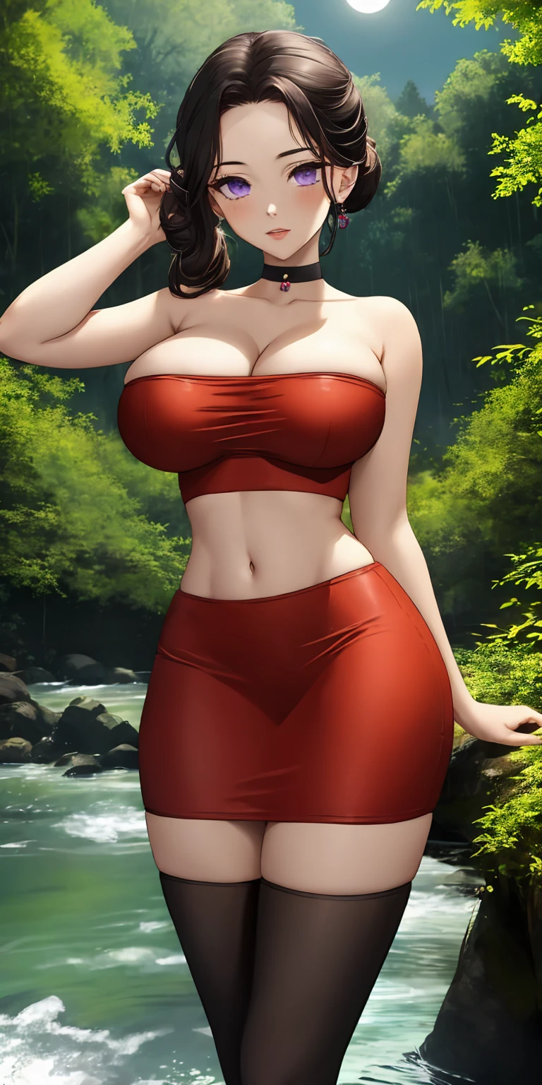 masterpiece, ultra high-quality, extremely detail 8k cg, high resolution, 1girl, mature female in hair, TamayoKNY, black hair, hair up, violet eyes, pale skin, cleavage, jewelry, big boobs, gigantic breasts, sagging breasts, collarbone, choker, tube top, strapless, sleeveless, midriff, navel, tubeskirt, miniskirt, tight skirt, thighhighs, beautiful face, seductive expression, night time, moonlight, outdoors, forest, river, rain, thunderstorm