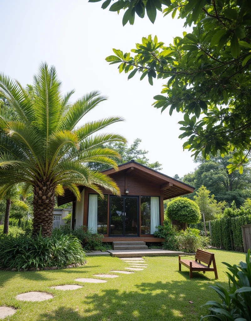 RAW photo, subject, 8k uhd, dslr, soft lighting, high quality, film grain, Fujifilm XT3, Bungalow, tropical tree, wooden bench, grass, clear sky