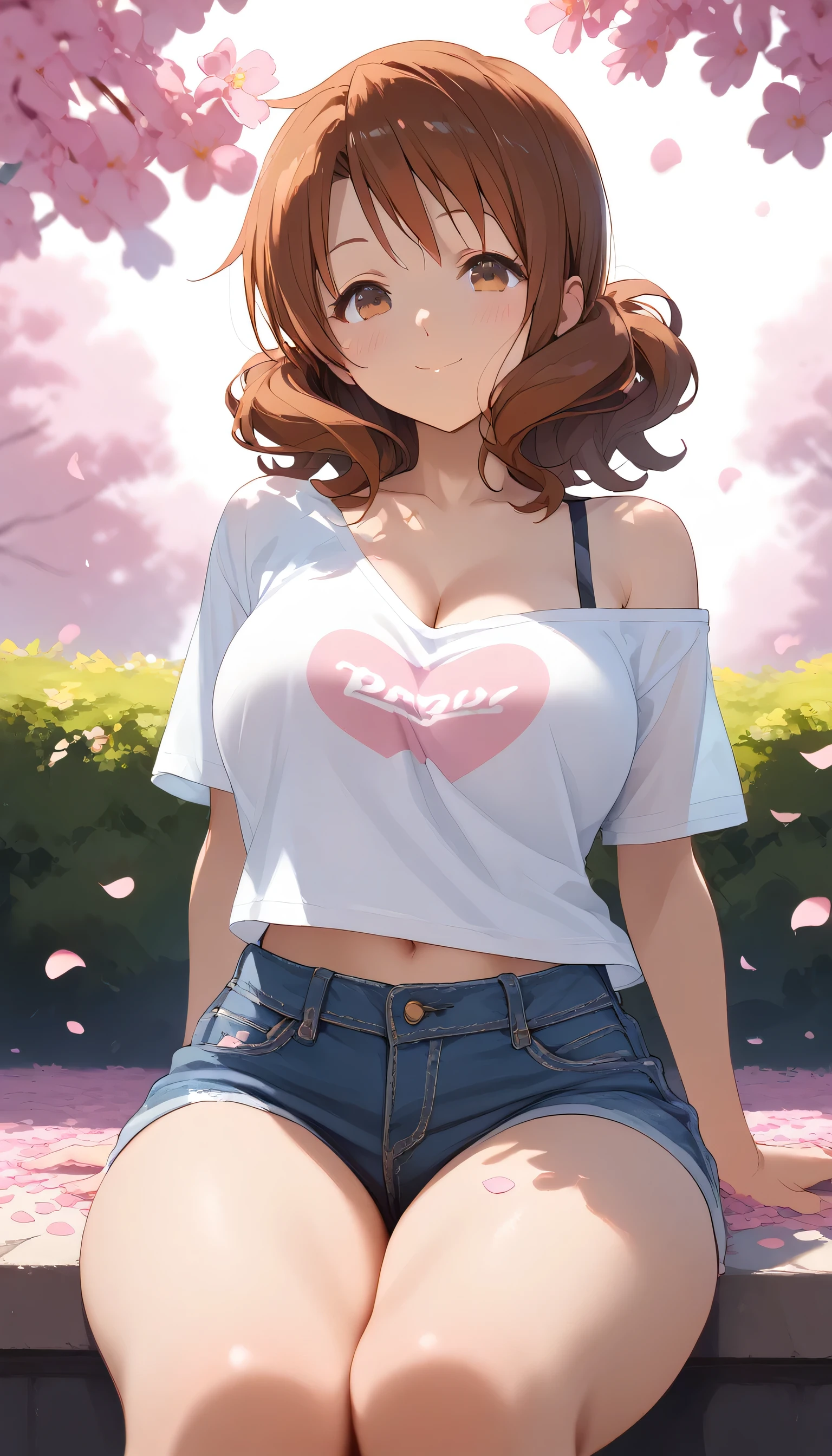 Front view, (from below:0.8), score_9_up,score_8_up, Kumiko Oumae, 1girl, solo, dark brown eyes, brown hair, ((blush)), closed mouth, smile, big breast, big thighs, wearing a cropped off-shoulder, transparent t-shirt, show cleavage, denim short, ((sitting)), seductive pose, (sakura petals), ((entertainment park))