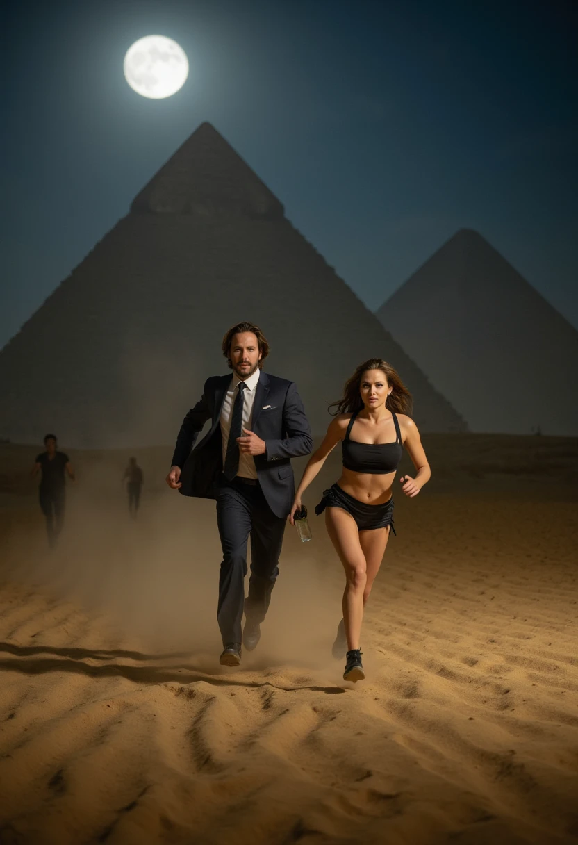 ((masterpiece)) ((photography)) ((Highest quality)) A nighttime action scene in front of the pyramids of Egypt. ((Keanu Reeves)) as John Wick and ((Angelina Jolie)) as Lara Croft, both wearing shorts, are being chased by assassins. They are running directly toward the viewer, with intense expressions of determination. The scene is illuminated by moonlight, casting long shadows across the desert sand. The pyramids stand tall and ominous in the background, while the silhouettes of the assassins can be seen in the distance. Dust is kicked up as they sprint, adding to the tension and movement.