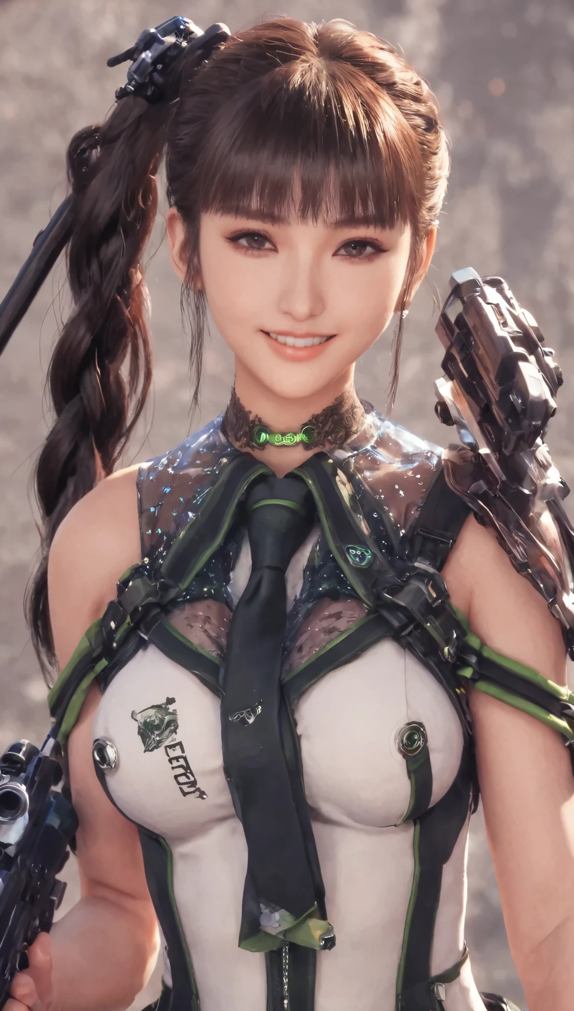 Eve, Stellar Blade, big breast, thicc thighs, 1girl,solo,heavy makeup,cute,earrings,ring braid,(lewd smile:1.1),holding submachine gun,ponytail,idol,hooker,military uniform,(battleground:1.1),