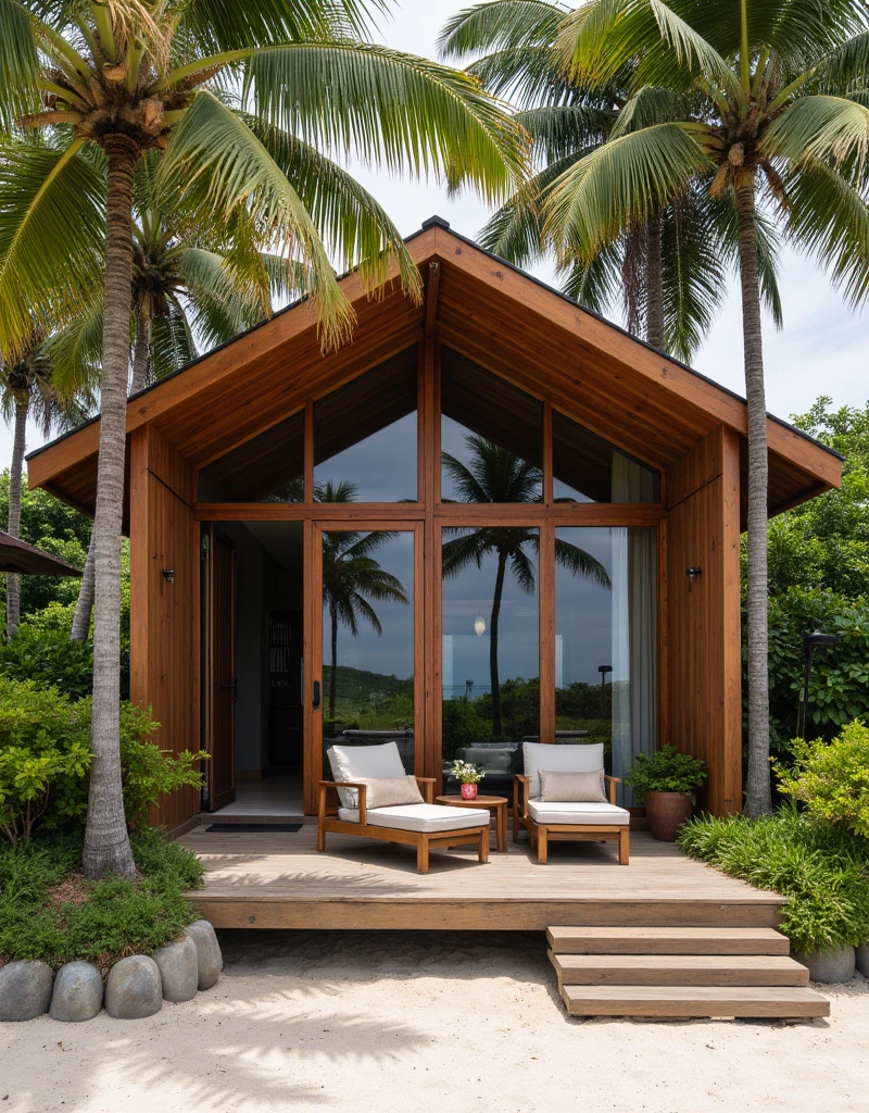 A small house could be made with wooden materials to blend naturally with the beach surroundings. Large windows facing the sea would let you enjoy the ocean view from inside. A raised platform might help protect from any high tide while adding a great porch area.

The lounge area can feature two comfortable, easy chairs made of wood or rattan, placed on a deck or the sand itself. You could add cushions for extra comfort. A small table between the chairs can hold drinks, books, or snacks.

Having the house under a coconut tree would give natural shade and that tropical feel.
