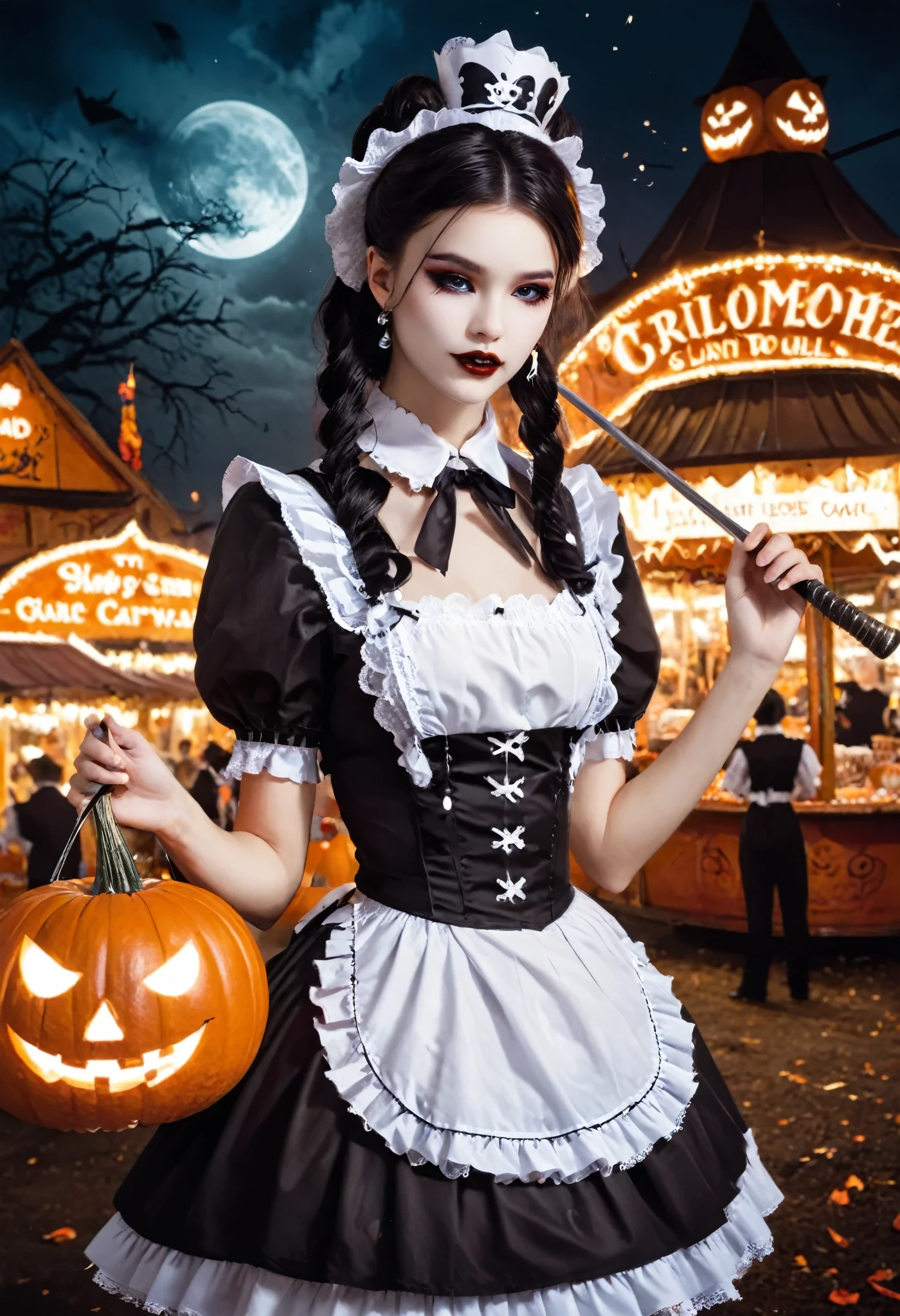 masterpiece, best quality, ultra-detailed, vivid colors, aggressive tone, Halloween-themed. A gothic maid stands motionless in the center of a haunted carnival, her frilly black and white maid outfit perfectly arranged, with sharp lace edges glowing faintly in the eerie light. In one hand, she gently holds a large, candy-shaped scythe, her fingers curled delicately around the handle. Her eyes gleam with a quiet madness, and a small, unsettling smile curves her lips. Around her, jack-o'-lanterns flicker and rusted carnival rides creak ominously, but she remains calm, standing tall and poised, as if waiting for her next victim to approach. The entire scene is filled with tension, as her stillness contrasts sharply with the chaotic background.