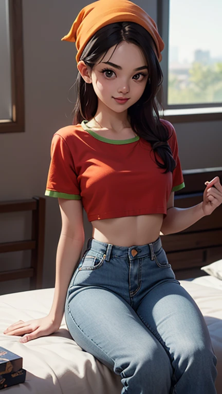 Pan, 1girl, solo, smile, red shirt, jeans, bandana, black hair, sitting on bed, small breasts, thick thighs, detailed eyes, (acclaimed, attractive, captivating, exciting, beautiful, striking:1.3), (trending on CGSociety, trending on pixiv, contest winner:1.3), (best quality), (masterpiece), 16K