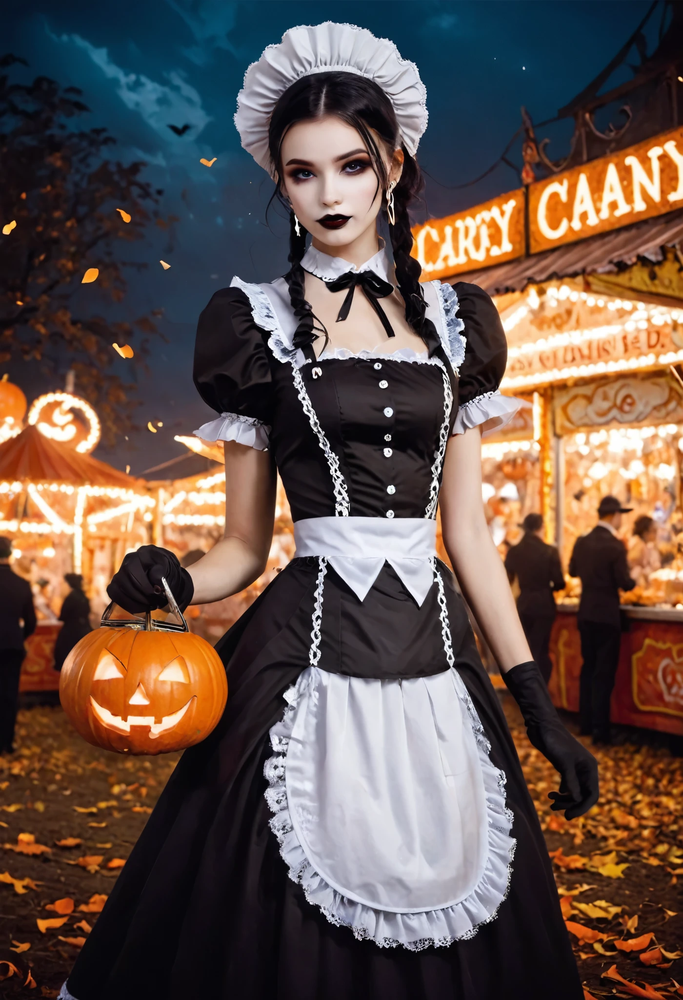 masterpiece, best quality, ultra-detailed, vivid colors, aggressive tone, Halloween-themed. A gothic maid stands motionless in the center of a haunted carnival, her frilly black and white maid outfit perfectly arranged, with sharp lace edges glowing faintly in the eerie light. In one hand, she gently holds a large, candy-shaped scythe, her fingers curled delicately around the handle. Her eyes gleam with a quiet madness, and a small, unsettling smile curves her lips. Around her, jack-o'-lanterns flicker and rusted carnival rides creak ominously, but she remains calm, standing tall and poised, as if waiting for her next victim to approach. The entire scene is filled with tension, as her stillness contrasts sharply with the chaotic background.