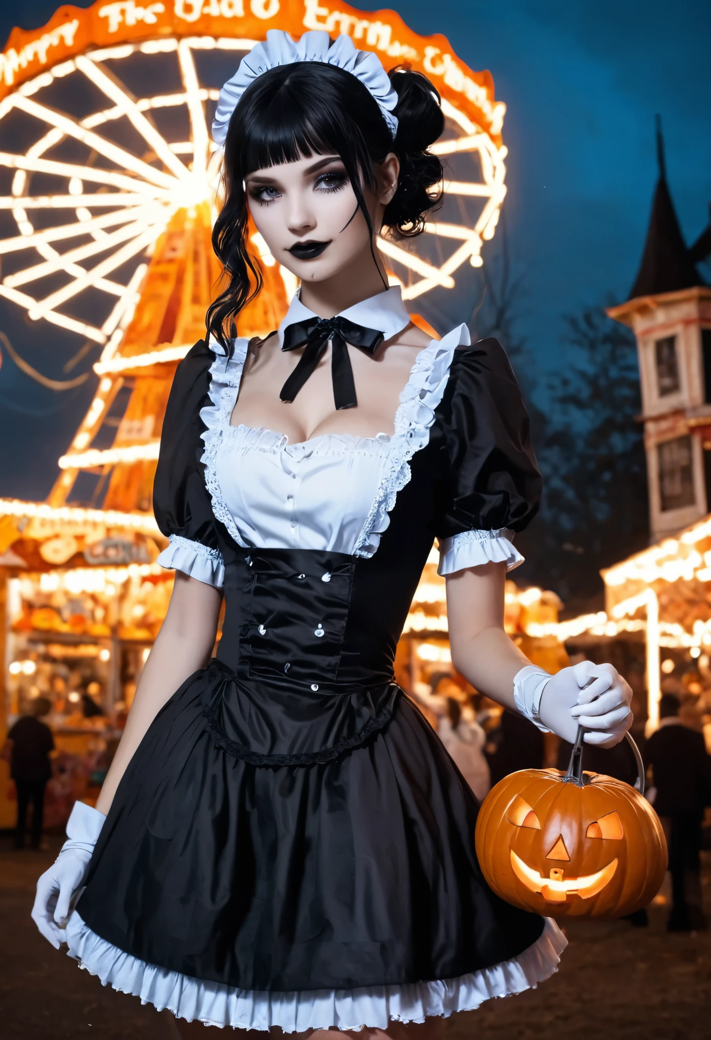 masterpiece, best quality, ultra-detailed, vivid colors, aggressive tone, Halloween-themed. A gothic maid stands motionless in the center of a haunted carnival, her frilly black and white maid outfit perfectly arranged, with sharp lace edges glowing faintly in the eerie light. In one hand, she gently holds a large, candy-shaped scythe, her fingers curled delicately around the handle. Her eyes gleam with a quiet madness, and a small, unsettling smile curves her lips. Around her, jack-o'-lanterns flicker and rusted carnival rides creak ominously, but she remains calm, standing tall and poised, as if waiting for her next victim to approach. The entire scene is filled with tension, as her stillness contrasts sharply with the chaotic background.