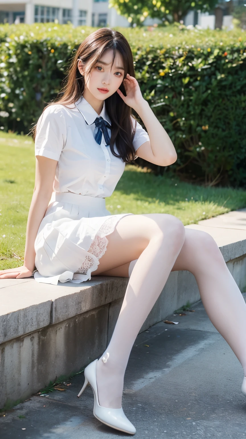 No face,Film texture,Natural Light, Delicate details ,Beautiful face,Model photo shoot, beautiful detailed eyes,Very slender eyes, Beautiful eyelashes , Beautiful double eyelids , best quality,School Uniform,Big breasts,office skirt,Lakeside,Legs stuck to the ground,outdoor,white lace dress with stockings ,Two Legs