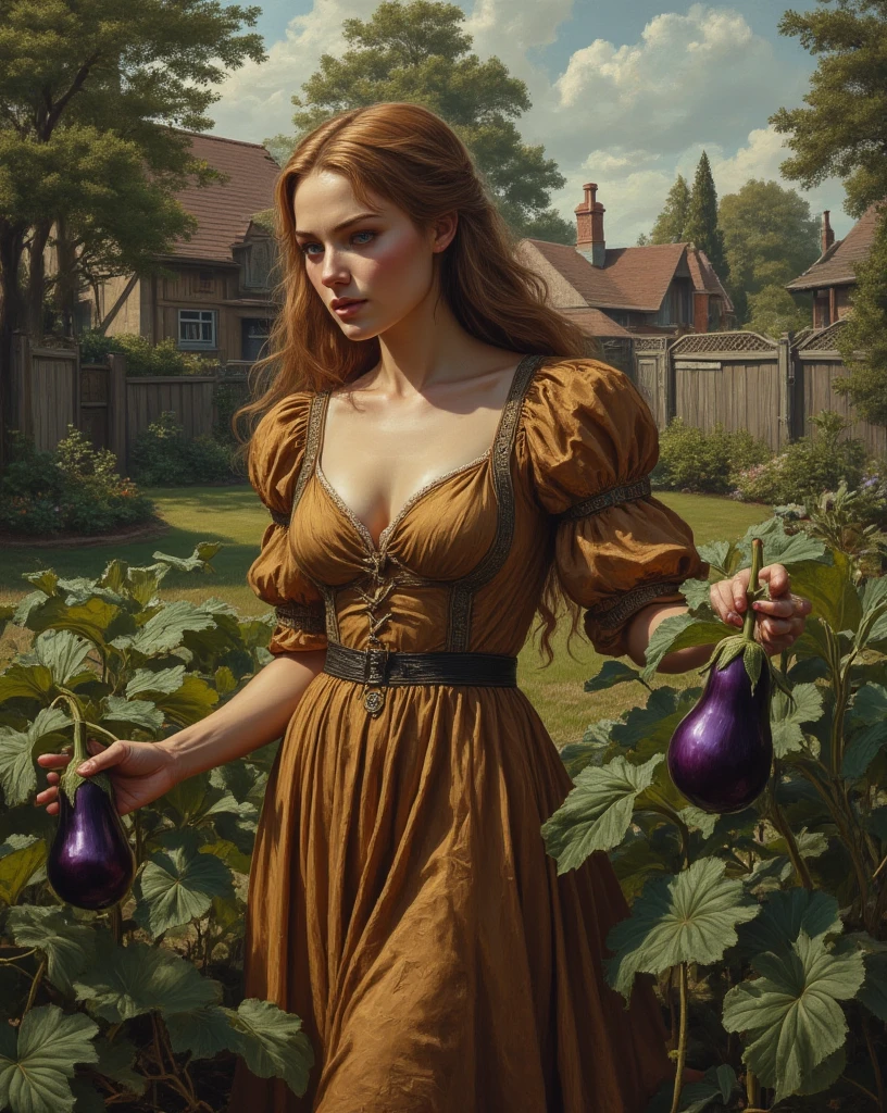 Captivating busty alluring MILF donning revealling loose Medieval dress picking big long aubergine from her backyard garden, neat and aesthetic humber house in background , oil on canvas masterpiece painting, realistic Don Lawrence style