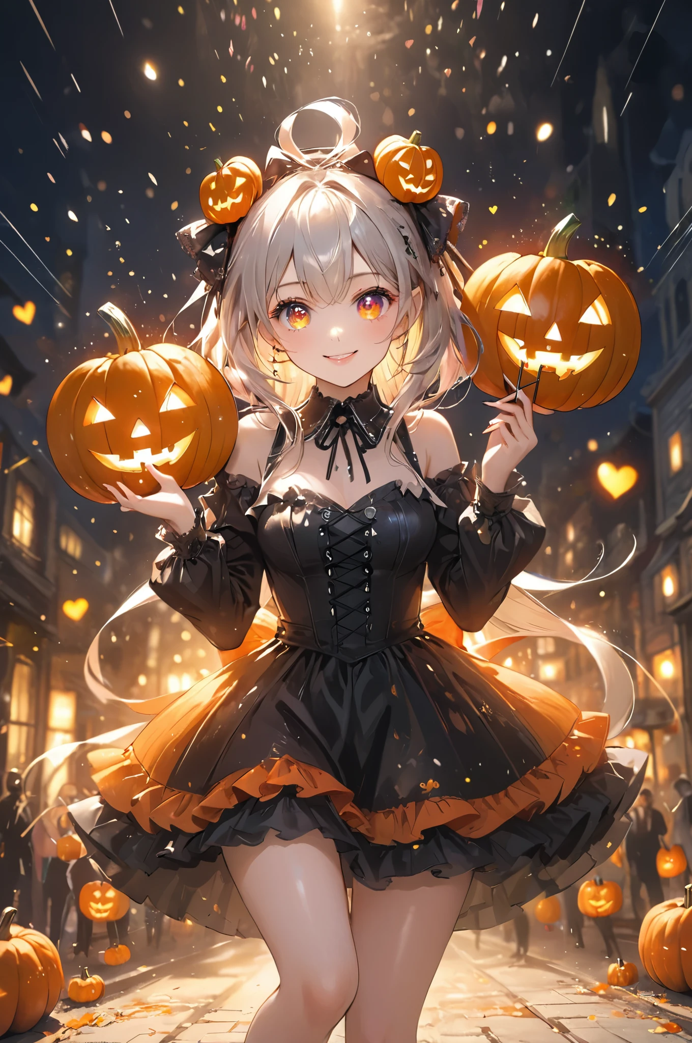 Masterpiece, top quality, 8k, high resolution, super detailed, HDR, UHD, studio lighting, ultra high definition painting, sharp focus, physically based rendering, extreme details, professional, vibrant colors, bokeh, portrait, break, perfect beauty, very beautiful single girl, full body, white gothic lolita.
Odd eyes, (Halloween pumpkin shaped pupils), smile, you can feel the madness in the expression. (Holding one very long candy stick with both hands, heart decoration, waving pose, leaning forward, rushing towards the viewer, dynamic and sophisticated movement, speed lines), heart, love, coming towards us, coming towards the viewer, super fast, dynamic, , , , (night grabe, full of madness and joy, pumpkin lanterns on the ground), creating a spooky atmosphere.