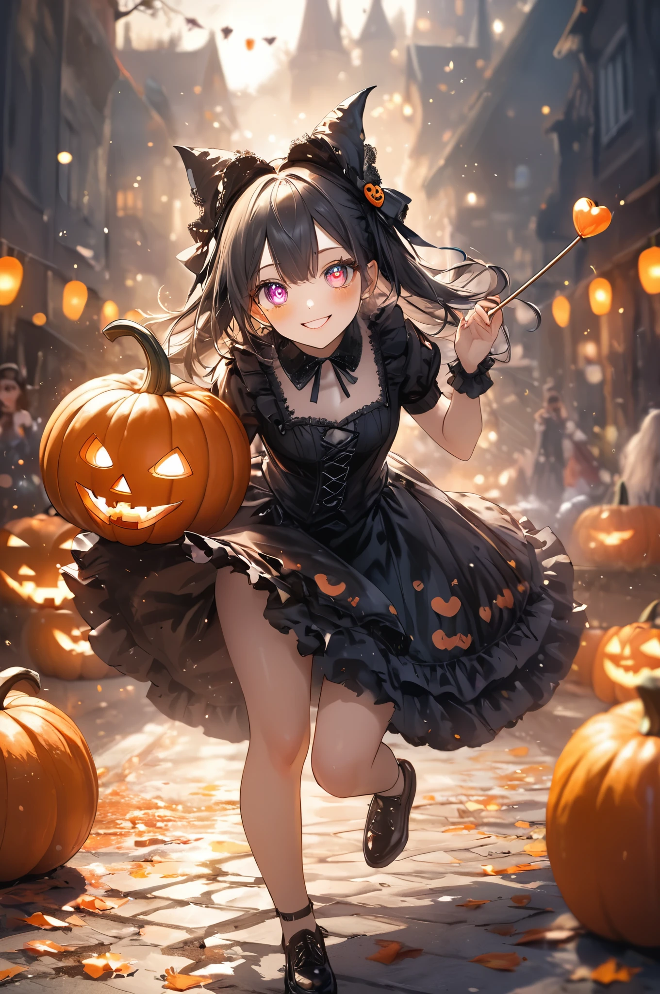 Masterpiece, top quality, 8k, high resolution, super detailed, HDR, UHD, studio lighting, ultra high definition painting, sharp focus, physically based rendering, extreme details, professional, vibrant colors, bokeh, portrait, break, perfect beauty, very beautiful single girl, full body, white gothic lolita.
Odd eyes, (Halloween pumpkin shaped pupils), smile, you can feel the madness in the expression. (Holding one very long candy stick with both hands, heart decoration, waving pose, leaning forward, rushing towards the viewer, dynamic and sophisticated movement, speed lines), heart, love, coming towards us, coming towards the viewer, super fast, dynamic, , , , (Halloween carnival, full of madness and joy, pumpkin lanterns on the ground), creating a spooky atmosphere.