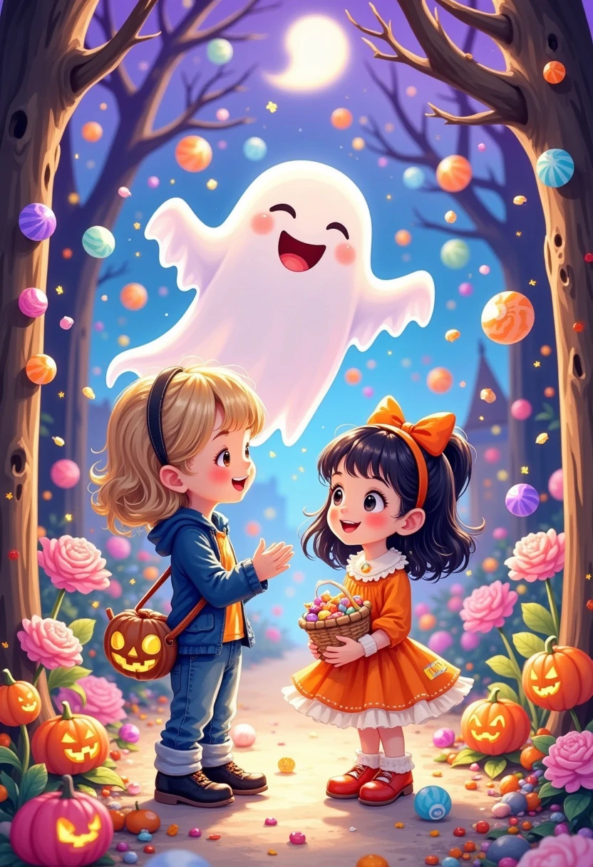 Halloween theme，   exquisite cartoon digital illustration ： A cute ghost guards a beautiful girl ，  laughs out loud  ， Open your arms 。scream，wow ！！！ Candy Rain ，lots of candy ，