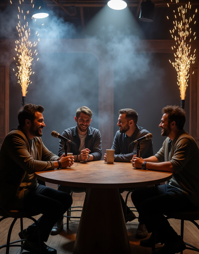 Four guys talking and laughing a lot, Podcast, One of the men is black, fog, Fabrics and pyrotechnics. super realistic , profesional lighting,