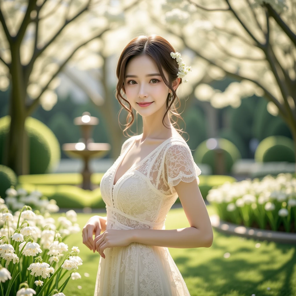 A photorealistic, highly detailed image of a serene East-Asian woman standing in a lush, sunlit garden filled with flowers and greenery. The woman wears a white lace dress with short sleeves, intricate lace details catching the sunlight. Her hair is styled into a low bun, adorned with white flowers that complement the blossoms around her. She gently holds the hem of her dress, looking peaceful and thoughtful.

The garden is vibrant and alive, with large white flowering trees casting soft shadows. Lily of the valley blooms in abundance, creating a sense of purity. The sunlight filters through the trees, casting a warm, golden glow that highlights the flowers and greenery. In the background, trimmed topiaries and a birdbath add to the structured elegance of the garden, while the soft mist in the distance creates a dreamy, almost ethereal atmosphere. The entire scene evokes calm, serenity, and a deep connection to nature."