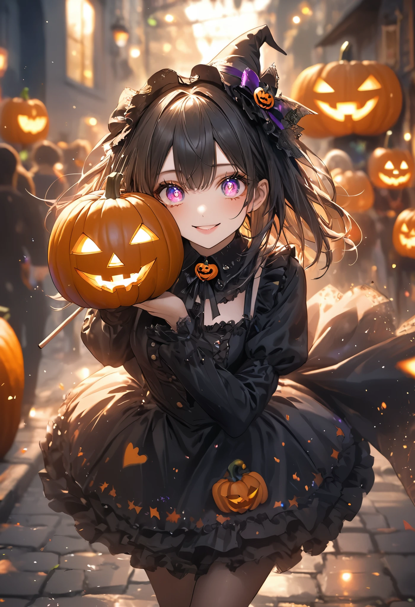 Masterpiece, top quality, 8k, high resolution, super detailed, HDR, UHD, studio lighting, ultra high definition painting, sharp focus, physically based rendering, extreme details, professional, vibrant colors, bokeh, portrait, break, perfect beauty, very beautiful single girl, full body, black gothic ****ta.

Odd eyes, (Halloween pumpkin shaped pupils), smile, you can feel the madness in the expression. (Holding one very long candy stick with both hands, heart decoration, waving pose, leaning forward, rushing towards the viewer, dynamic and sophisticated movement, speed lines), heart, love, coming towards us, coming towards the viewer, super fast, dynamic, , , , (Halloween carnival, full of madness and joy, pumpkin lanterns on the ground), creating a spooky atmosphere.