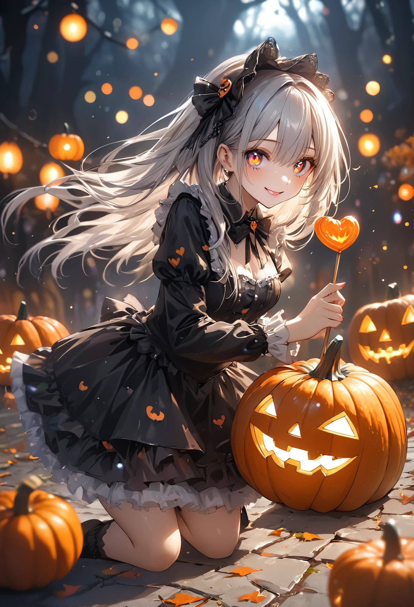 Masterpiece, top quality, 8k, high resolution, super detailed, HDR, UHD, studio lighting, ultra high definition painting, sharp focus, physically based rendering, extreme details, professional, vibrant colors, bokeh, portrait, break, perfect beauty, very beautiful single girl, full body, black gothic lolita.

Odd eyes, (Halloween pumpkin shaped pupils), smile, you can feel the madness in the expression. (Holding one very long candy stick with both hands, heart decoration, waving pose, leaning forward, rushing towards the viewer, dynamic and sophisticated movement, speed lines), heart, love, coming towards us, coming towards the viewer, super fast, dynamic, , , , (Halloween carnival, full of madness and joy, pumpkin lanterns on the ground), creating a spooky atmosphere.