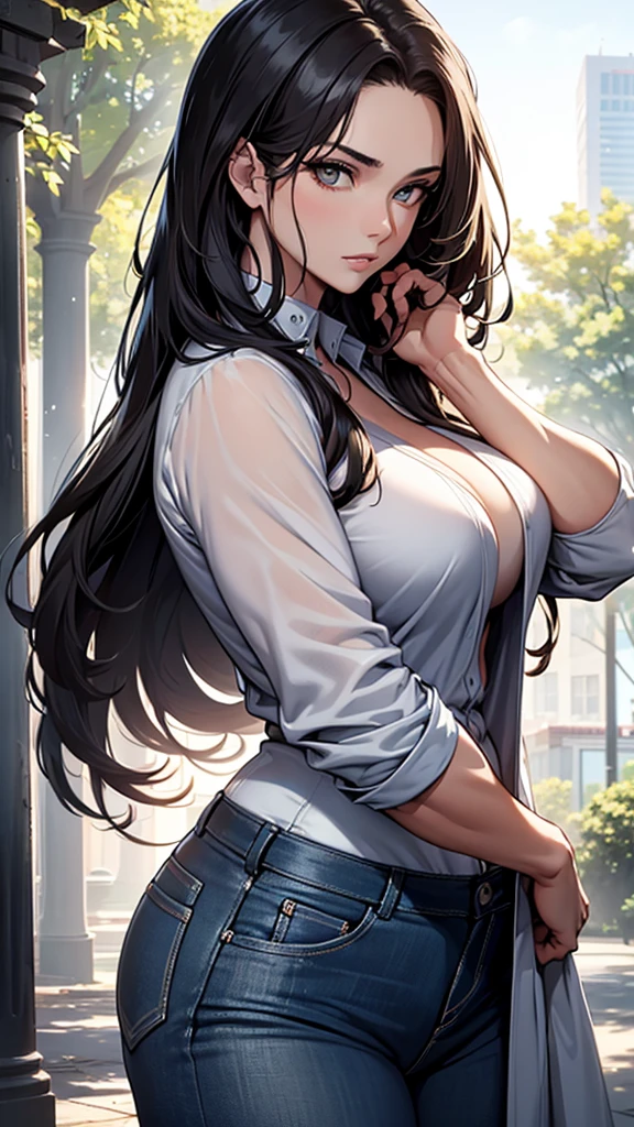 (best quality,4k,8k,highres,masterpiece:1.2),ultra-detailed,(photorealistic),tall,adult,((black long hair)), ((straight hair)),beautiful detailed eyes,((calm and gentle expression)),beautiful detailed lips,mature,(large breasts),white shirt, small and subtle cleavage,jeans,black jacket,((at the park)), mature woman,very tall woman(POV: from below,dynamic angle),calm and gentle demeanor, lean body, thick body, muscles,badass vibe