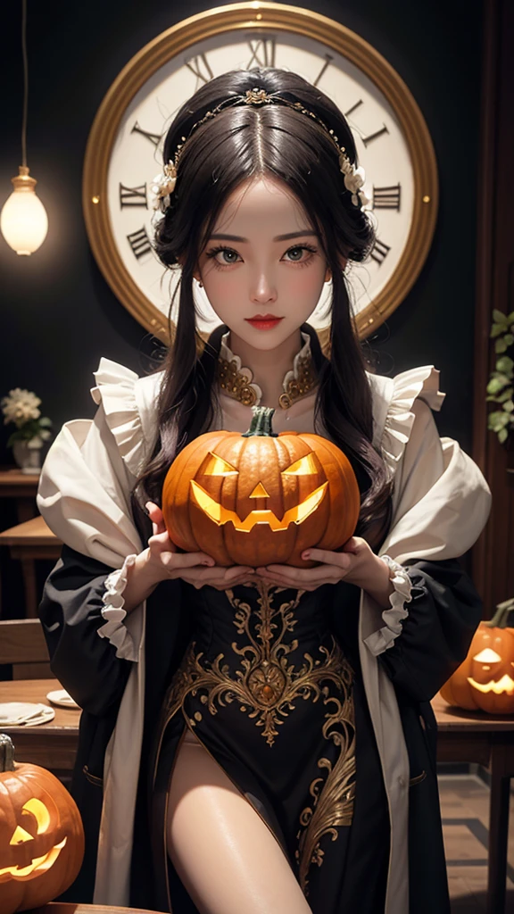 （ Cute Girl's Face and Head Carved with Pumpkin：1.1）、（whole body）、 Beautiful Mature Woman's Body 、 Retro Coat Long Skirt 、16k、orange、Peace of mind、 Honest Dining Table Background 、 Fruit Carving 、 Food Sculpture 、Three-dimensional sculpture、Performing Art 、 Food Sculpture デザイン、 close-up、rotate、 rococo style、classicism、 depth of field、超 Kampala、masterpiece、correct、Super detailed、 Growing from a High Place 、high quality、 Award-winning 、最high quality、 Kampala、16k、Soft Light Illumination、pumpkin face、Huge pelvis、Glamour