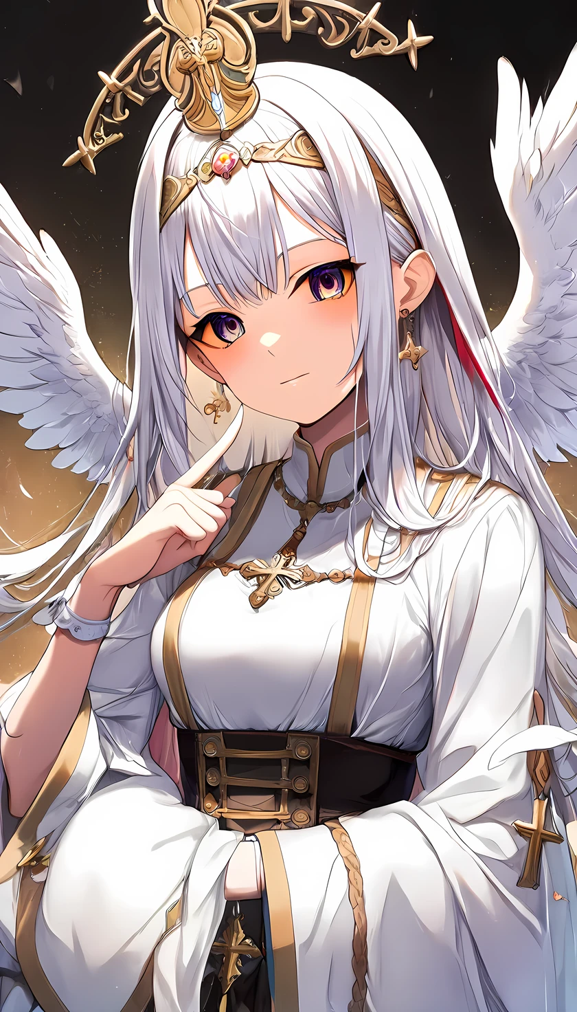 (((Best quality, 8k, Masterpiece: 1.3)), ((best quality)), ((masterpiece)), (detailed), perfect face, high detailed fingers, white hair, short hair, tokin hat, tiara, Saint Lucia, Priest, Both hands making a V sign, robe, Big cross necklace, gold cross, Clerical clothing