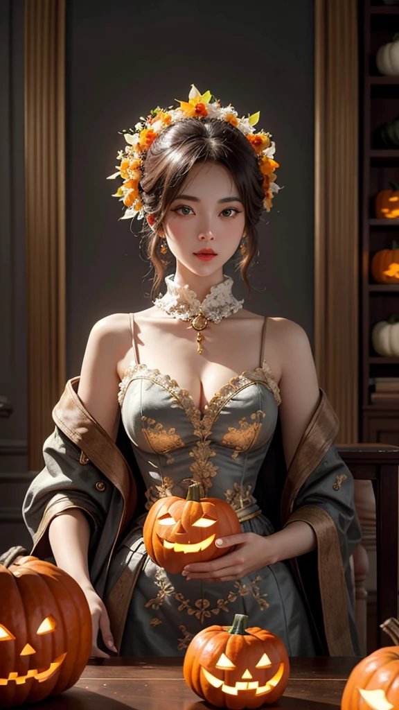 （Faces and heads carved with pumpkins：1.1）、（whole body）、Beautiful mature woman's body 、 retro coat long skirt 、16k、orange、Peace of mind、 honest dining table background 、 fruit carving 、 Food Sculpture 、Three-dimensional sculpture、Performing Art 、 Food Sculpture デザイン、 close-up、rotate、 rococo style、classicism、 depth of field、超 Kampala、masterpiece、correct、Super detailed、 growing from a high place 、high quality、 Award-winning 、最high quality、 Kampala、16k、Soft Light Illumination、pumpkin face、Huge pelvis、Glamour