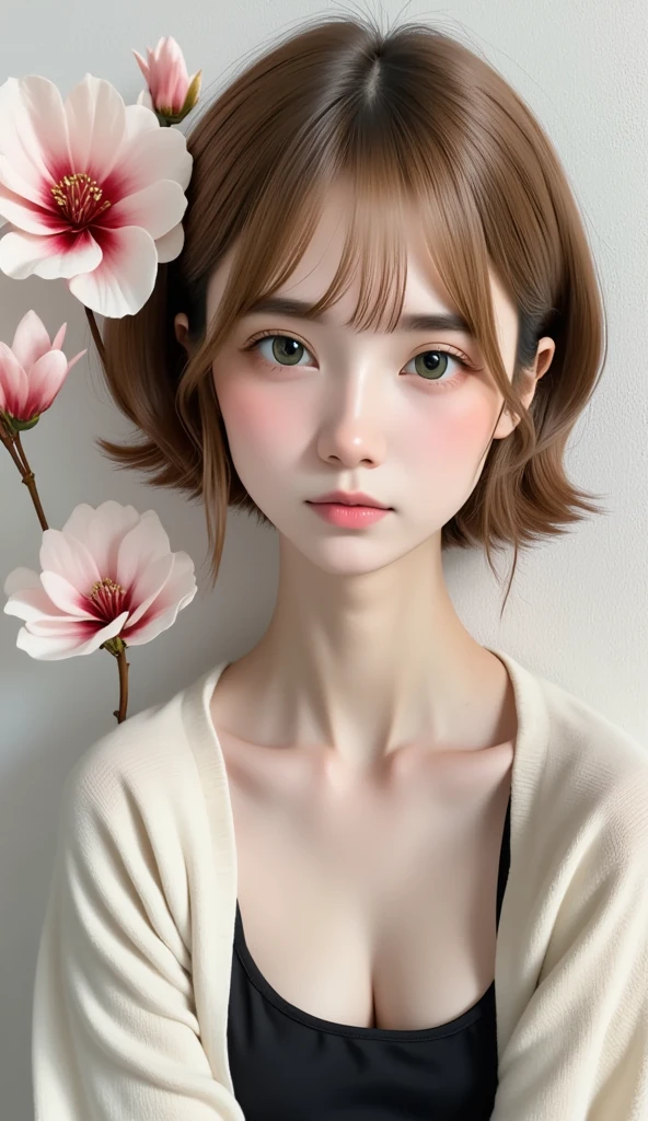 Beautiful woman、  flower arrangement  、Wabi-sabi art、Super detailed_face_eye、非常に詳細なface、 Black Dress、white、gray、red、parchment、抽象的  flower arrangement  、Three big flowers、 Dreamy Art 、silence、wallpaper、Best Quality、masterpiece、 Kampala、８ｋ