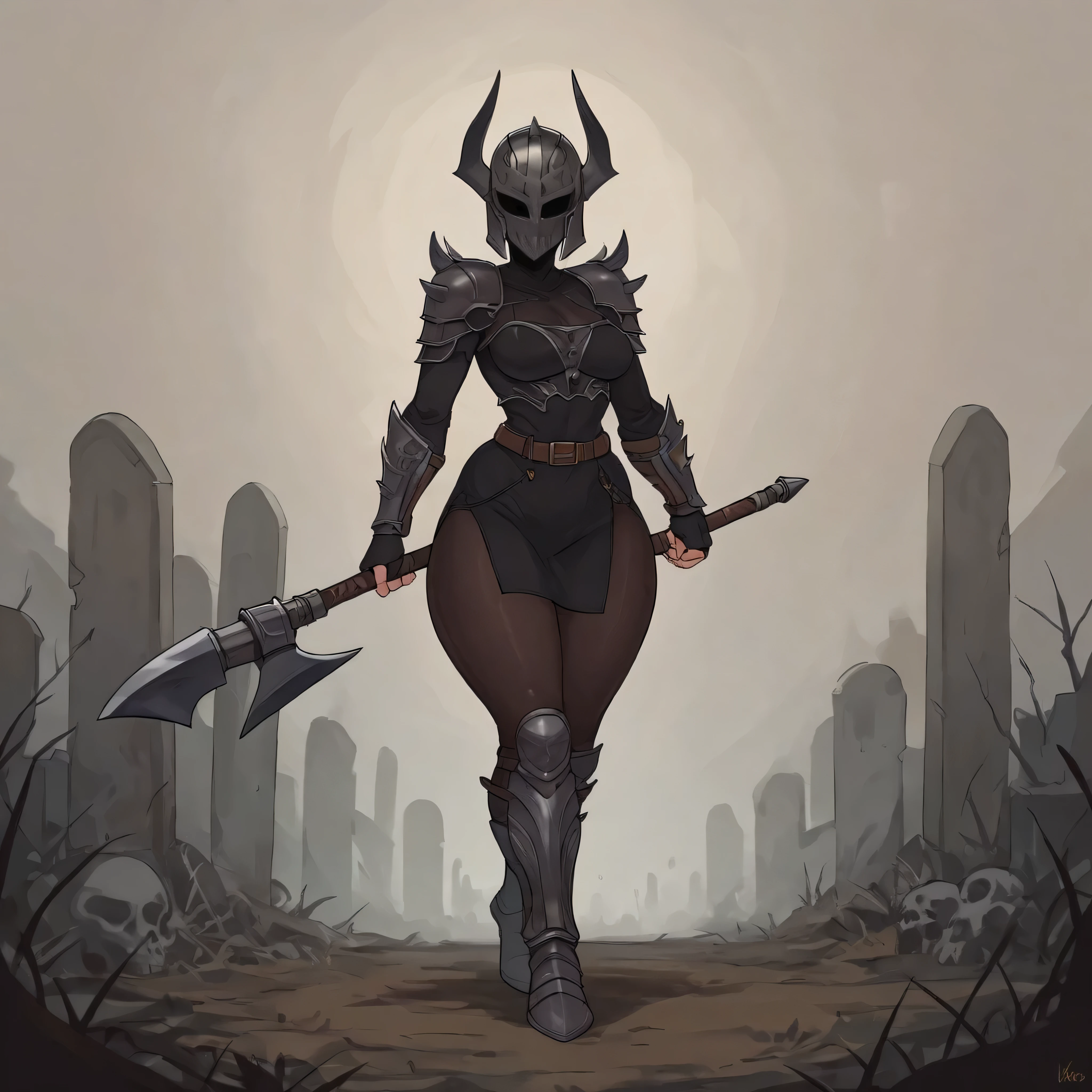 score_9, score_8_up, score_7_up, score_6_up, source_anime, uncensored, 5_fingers, solo, BlackKnight from Castle Crashers, female Black knight, face covered by dark spiked evil helmet, dark metal evil helmet, black short dress, red sword on center chest, skull symbol on dress, red line running vertical on dress in the center, black sleeves, black pantyhose, fingerless gloves, dark silver spiked vambraces, dark silver shoulder pads, dark brown leather belt, dark silver knee pads, wide hips, thick thighs, curvy thighs, hip focus, medium breasts, big butt, graveyard,sfw, holding an axe