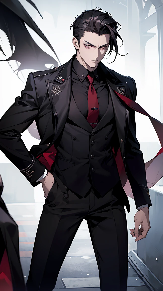 A young man with sharp, narrow eyes, exuding an aura of confidence and mystery. His hair is slicked back, jet black with streaks of dark red running through it, adding a rebellious touch. He wears a fitted, high-collared black jacket with silver accents and intricate patterns, paired with slim black pants and combat boots. His expression is calm yet calculating, with a smirk that suggests he's always one step ahead. His pale skin contrasts sharply with the dark tones of his outfit, giving him a slightly ominous, enigmatic presence. In his hand, he casually flips a playing card, symbolizing his unpredictable nature.