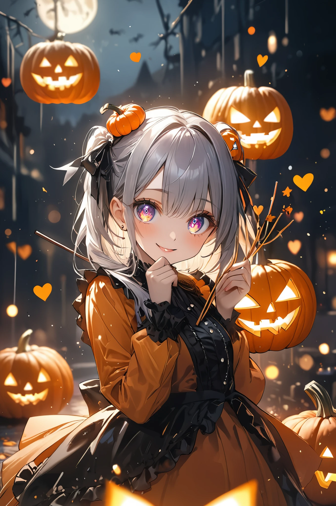 Masterpiece, top quality, 8k, high resolution, super detailed, HDR, UHD, studio lighting, ultra high definition painting, sharp focus, physically based rendering, extreme details, professional, vibrant colors, bokeh, portrait, break, perfect beauty, very beautiful single girl, full body, white gothic ****ta.
Odd eyes, (Halloween pumpkin shaped pupils), smile, you can feel the madness in the expression. (Holding one very long candy stick with both hands, heart decoration, waving pose, leaning forward, rushing towards the viewer, dynamic and sophisticated movement, speed lines), heart, love, coming towards us, coming towards the viewer, super fast, dynamic, , , , (night grabe, full of madness and joy, pumpkin lanterns on the ground), creating a spooky atmosphere.