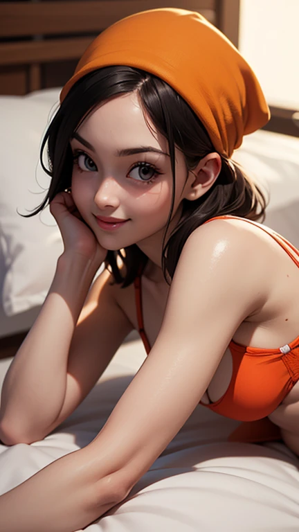 Pan, 1girl, solo, smile, red plain bra, panties, bandana, black hair, lying on bed, small breasts, thick thighs, detailed eyes, beautiful body, glowing skin, (acclaimed, attractive, captivating, exciting, gorgeous, striking:1.3), (trending on CGSociety, trending on pixiv, contest winner:1.3), (best quality), (masterpiece), 16K