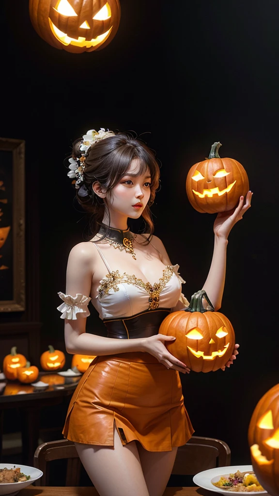 Pumpkin face、pumpkin face（ face and head carved with pumpkin：1.1）、（whole body）、Beautiful mature woman's body 、Retro mini skirt 、16k、orange、Peace of mind、 honest dining table background、 Food Sculpture 、Three-dimensional sculpture、Performing Art 、 Food Sculpture デザイン、 close-up、rotate、 rococo style、classicism、 depth of field、超 Kampala、masterpiece、correct、Super detailed、 growing from a high place 、high quality、 Award-winning 、最high quality、 Kampala、16k、Soft Light Illumination、pumpkin face、Huge pelvis、Glamour