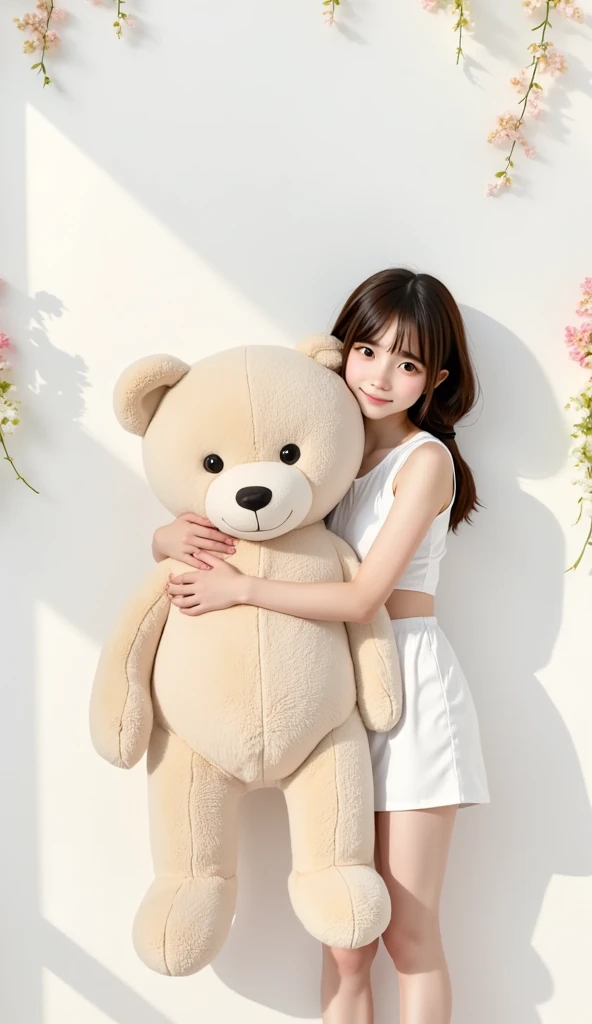 (((Simple configuration)))、(((The background is a white wall:1.2)))、One Girl、(((hug a giant teddy bear)))、 perfect anatomy、Picturesque、sketch、Very delicate、Cloud-like wall、、Floral、 Delicate depiction、Abstract、Overall bright color、Gentle colors、Taisho Romance、(masterpiece、Best Quality、Best Quality、Official Art、 Beautiful, beautiful :1.2)、