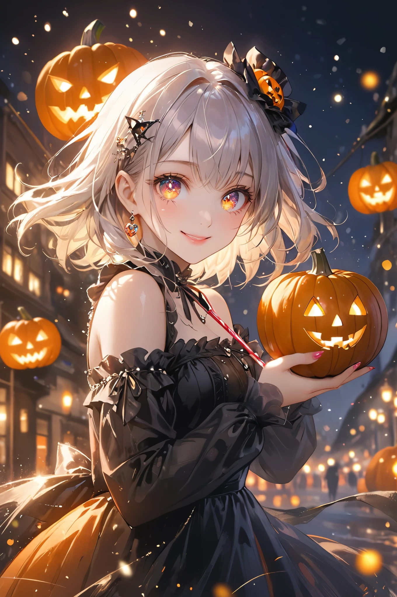 Masterpiece, top quality, 8k, high resolution, super detailed, HDR, UHD, studio lighting, ultra high definition painting, sharp focus, physically based rendering, extreme details, professional, vibrant colors, bokeh, portrait, break, perfect beauty, very beautiful single girl, full body, white gothic ****ta.
Odd eyes, (Halloween pumpkin shaped pupils), smile, you can feel the madness in the expression. (Holding one very long candy stick with both hands, heart decoration, waving pose, leaning forward, rushing towards the viewer, dynamic and sophisticated movement, speed lines), heart, love, coming towards us, coming towards the viewer, super fast, dynamic, , , , (night grabe, full of madness and joy, pumpkin lanterns on the ground), creating a spooky atmosphere.