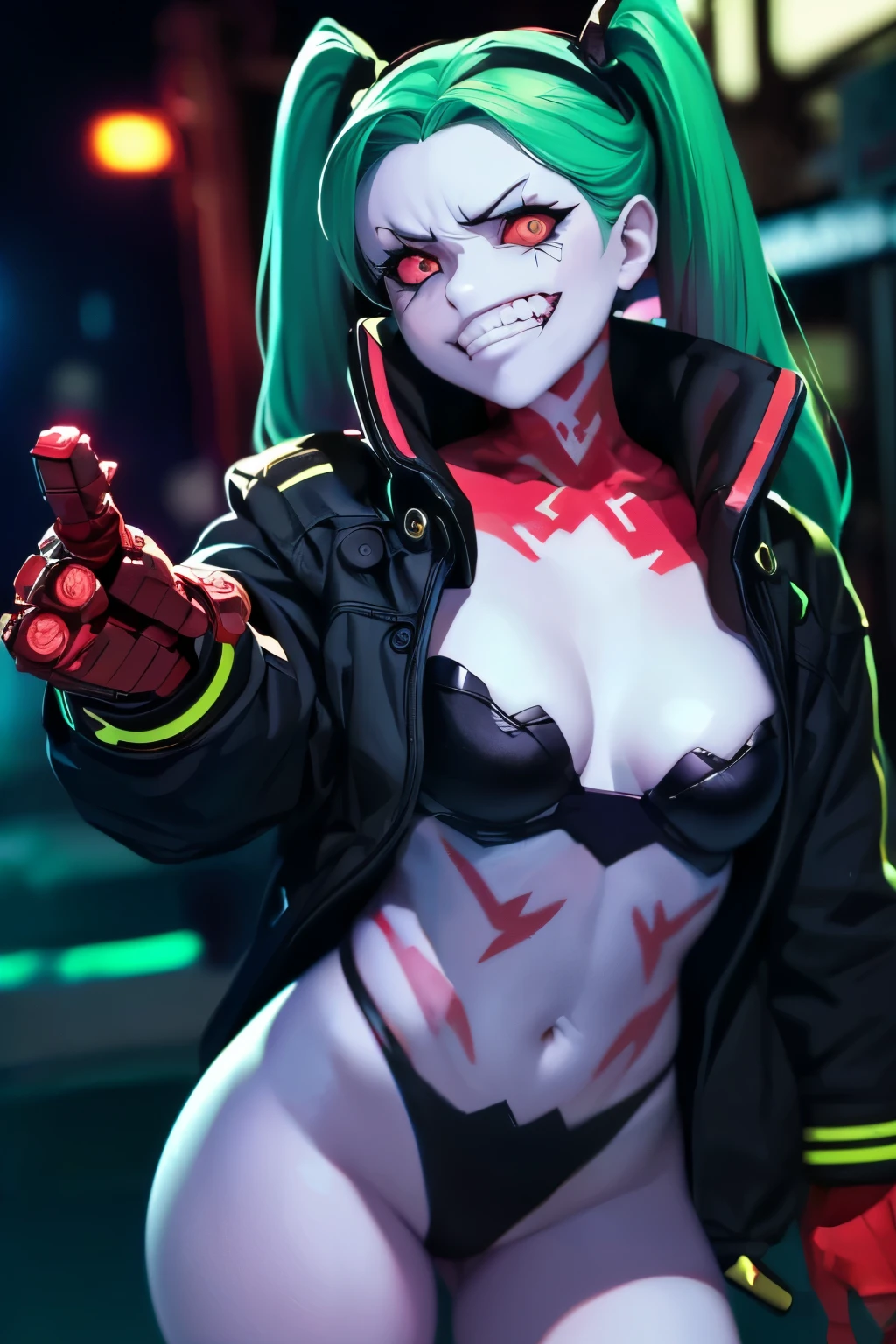 Rebecca, 1girl, young girl, 1 , futuristic cyberpunk, lewd grin, (twin tail, hairband, colored sclera, red sclera, green hair, green pupils, fang, red eyes, wearing a little sexy clothes, black croped jacket ), ((skinny body)) , ((Showing hand:1.4)), ((psycho face, creppy smiling. Angry face )), cinematic, ultra highly detailed, beautiful details, vivid, saturated colors, filigree detailed, tiny details, pop surrealism, cowboy shot. hyper-realistic style, highly detailed textures, reflective and glossy surfaces, cinematic lighting, neon lights reflecting off her skin, urban cyberpunk cityscape in the background, (vivid colors), (high contrast), (sharp focus), (bokeh effect in the background), (moody atmosphere), (digital painting style), (masterpiece: 2), best quality, ultra highres, original, extremely detailed, perfect lighting. ((Abandoned urban wall background ))