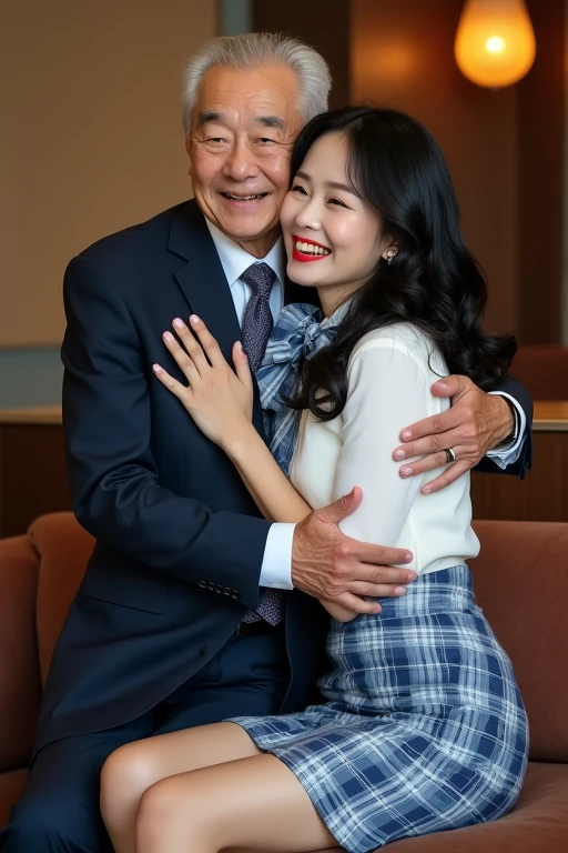 70 years old korean ugly man and 20 years old korean girl couple, girl sucking old man's hand, big breasts, (girl wear wearing blue and white pencil skirt, plaid pencil skirt, white shirt, blue and white plaid bow, eyes hook the soul seduces you), (70 years old man business suit), in the dark karaoke, girl sitting on the sofa and laughing, (((70 years old korean man hugging on young girl's chest))), focus on old man,