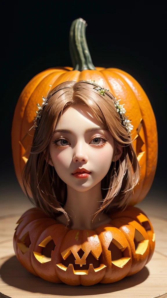 Pumpkin face、pumpkin face、Pumpkin face色、 back of pumpkin （ face and head carved with pumpkin：1.1）、（whole body）、Beautiful mature woman's body 、 retro mini skirt 、16k、orange、Peace of mind、 honest dining table background 、 Food Sculpture 、Three-dimensional sculpture、Performing Art 、 Food Sculpture デザイン、 close-up、rotate、 rococo style、classicism、 depth of field、超 Kampala、masterpiece、correct、Super detailed、 growing from a high place 、high quality、 Award-winning 、最high quality、 Kampala、16k、Soft Light Illumination、pumpkin face、Huge pelvis、Glamour