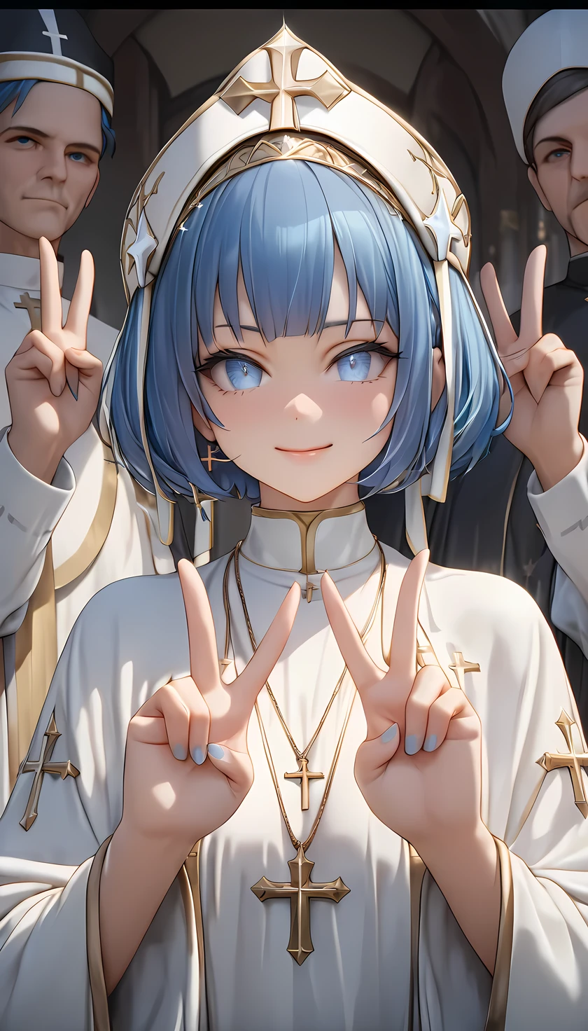 (((Best quality, 8k, Masterpiece: 1.3)), ((best quality)), ((masterpiece)), (detailed), perfect face, high detailed fingers, blue hair, short hair, tokin hat, tiara, Saint Lucia, Priest, Both hands making a V sign, robe, Big cross necklace, gold cross, Clerical clothing