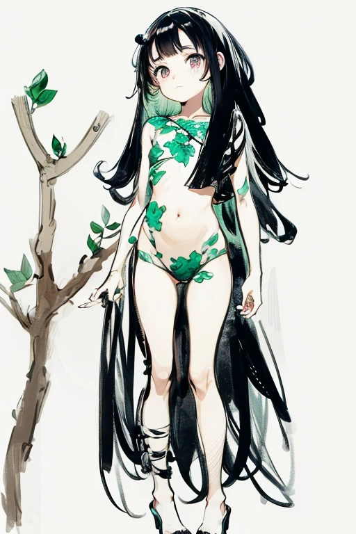 black hair,brown eyes,,vine,<lora:MIAOKA_shutengyi_xl_v1.0:0.8>,full body,a woman in a bodysuit with green leaves on her body and a hat on her head and hands on her head,