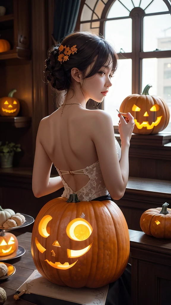 Pumpkin face、pumpkin face、Pumpkin face色、 back of pumpkin （ face and head carved with pumpkin：1.1）、（whole body）、Beautiful mature woman's body 、 retro mini skirt 、16k、orange、Peace of mind、 honest dining table background 、 Food Sculpture 、Three-dimensional sculpture、Performing Art 、 Food Sculpture デザイン、 close-up、rotate、 rococo style、classicism、 depth of field、超 Kampala、masterpiece、correct、Super detailed、 growing from a high place 、high quality、 Award-winning 、最high quality、 Kampala、16k、Soft Light Illumination、pumpkin face、Huge pelvis、Glamour