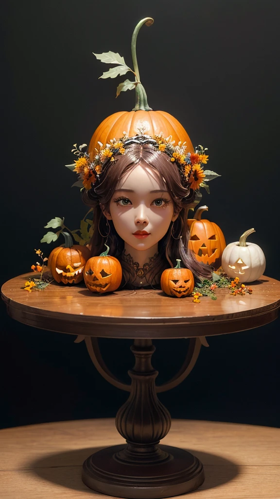 Pumpkin face、pumpkin face、Pumpkin face色、 back of pumpkin （ face and head carved with pumpkin：1.1）、（whole body）、Beautiful mature woman's body 、Retro mini skirt 、16k、orange、Peace of mind、 honest dining table background、 Food Sculpture 、Three-dimensional sculpture、Performing Art 、 Food Sculpture デザイン、 close-up、rotate、 rococo style、classicism、 depth of field、超 Kampala、masterpiece、correct、Super detailed、 growing from a high place 、high quality、 Award-winning 、最high quality、 Kampala、16k、Soft Light Illumination、pumpkin face、Huge pelvis、Glamour