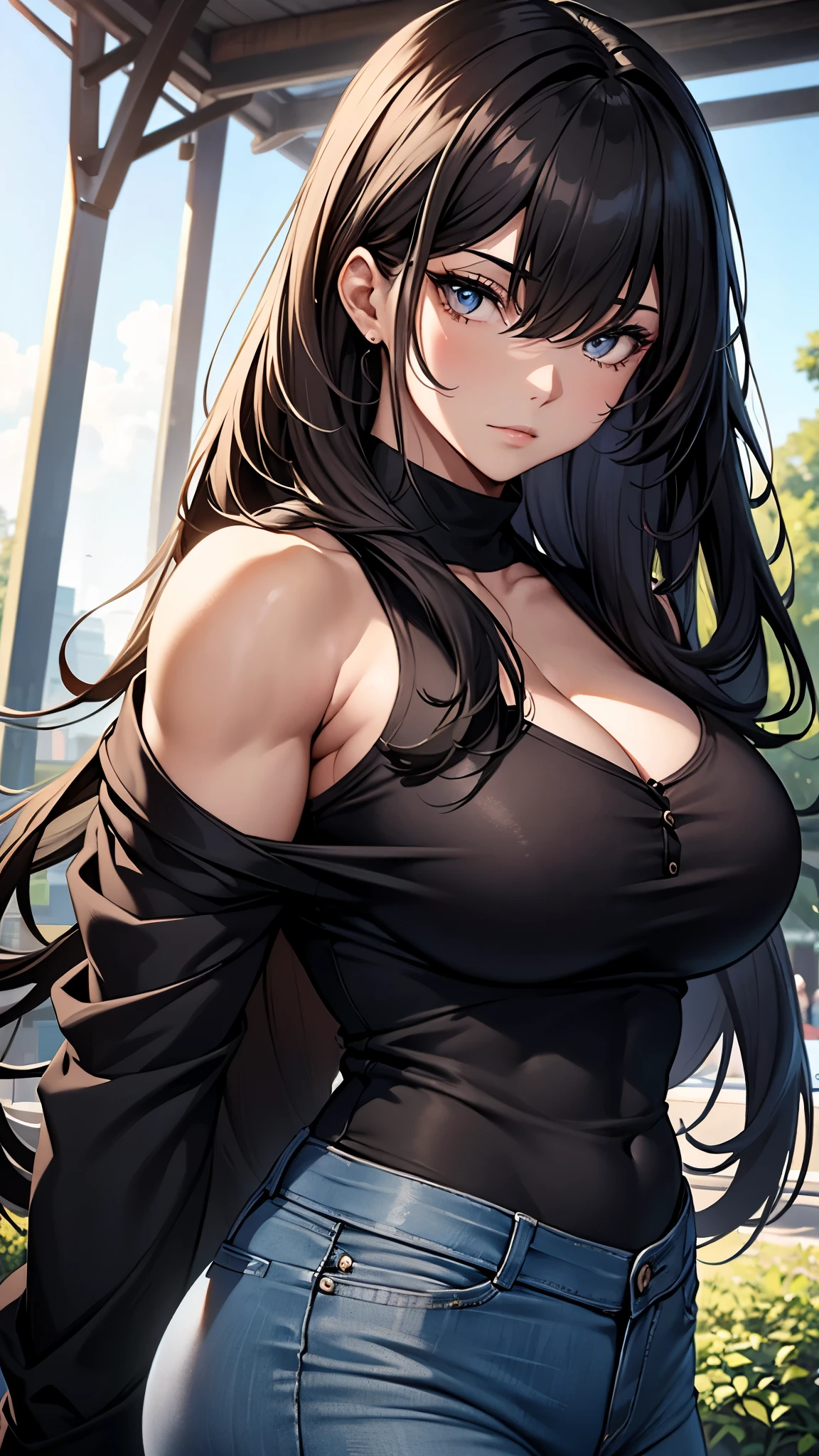 (best quality,4k,8k,highres,masterpiece:1.2),ultra-detailed,(photorealistic),tall,adult,((black long hair)), ((straight hair)),beautiful detailed eyes,((calm and gentle expression)),beautiful detailed lips,mature,(large breasts),white shirt, small and subtle cleavage,jeans,black jacket,((at the park)), mature woman,very tall woman(POV: from below,dynamic angle),calm and gentle demeanor, lean body, thick body, muscles,badass vibe